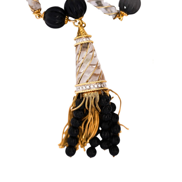 Vintage 18K Gold Tassel Necklace Quartz Black Onyx Diamond - 30 inches