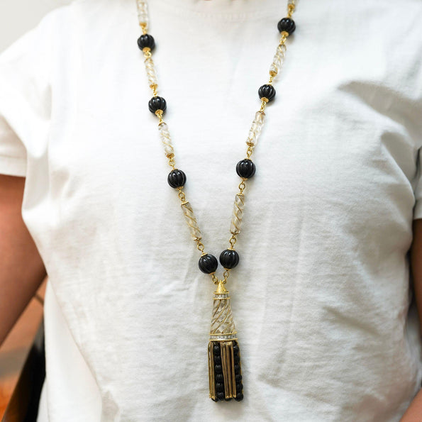 Vintage 18K Gold Tassel Necklace Quartz Black Onyx Diamond - 30 inches