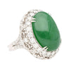 Vintage 24 Carat Oval Cabochon Jade and Round Diamond Floral Pattern Ring