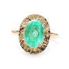 Vintage 2.24 Carat Oval Light Green Emerald 14K Gold Engraved Disc Ring