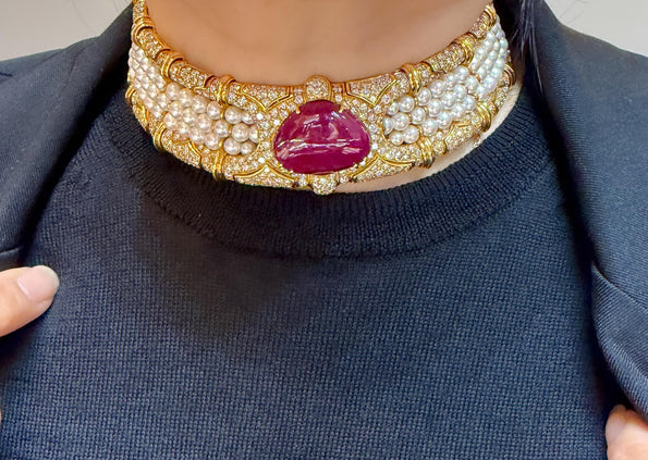 Vintage 45 Carat No Heat Ruby, Diamond, and Pearl Cuff Choker Necklace