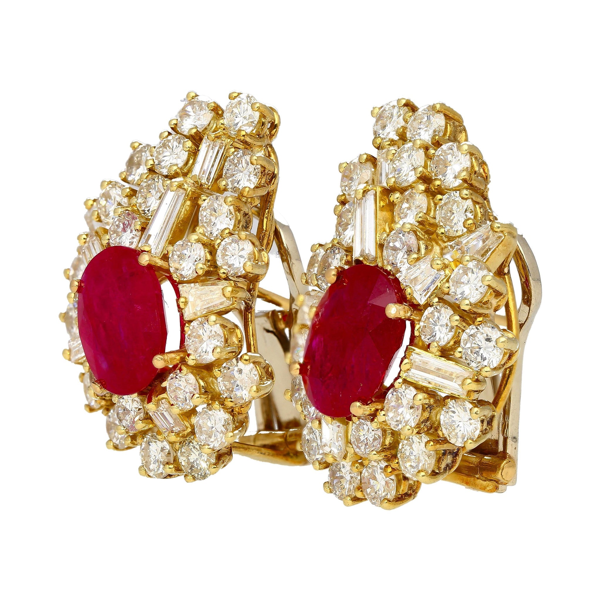 Vintage 4.5 Carat Ruby & Diamond Cluster Clip On Earrings in 18K Yellow Gold