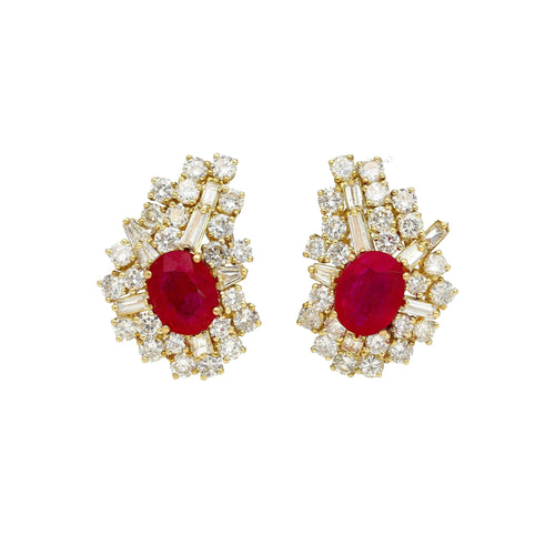 Vintage 4.5 Carat Ruby & Diamond Cluster Clip On Earrings in 18K Yellow Gold