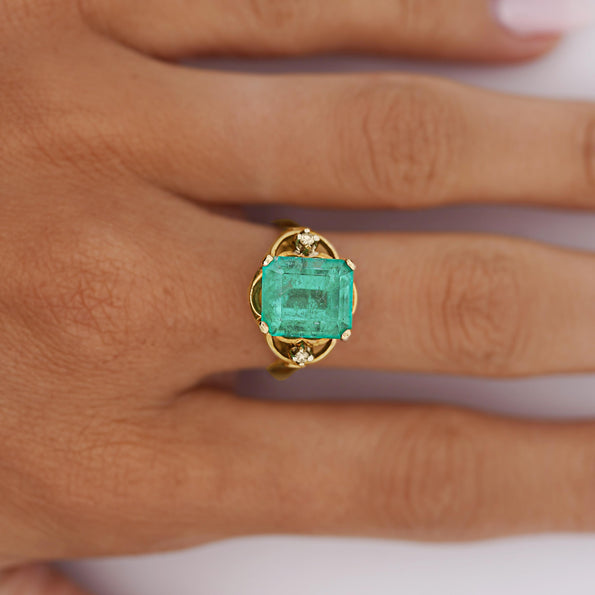 Vintage 5 Carat Emerald Square Cut Openwork 14K Gold Solitaire Ring