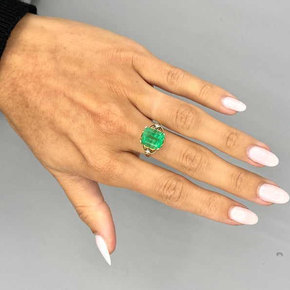 Vintage 5 Carat Emerald Square Cut Openwork 14K Gold Solitaire Ring