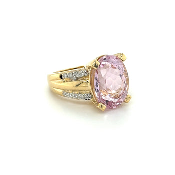 Vintage 9.50 Carat Oval Cut Pink Kunzite with Diamond Side Stone Cocktail Ring in 18K Yellow Gold – Assay Jewelers