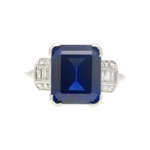 Vintage AGL Certified 6.80 Carat No Heat Blue Sapphire and Diamond Platinum Ring