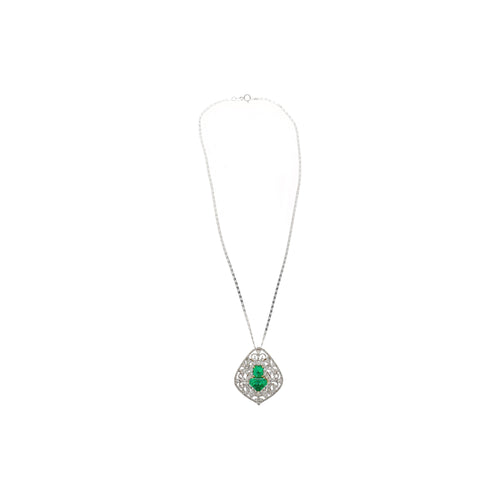 Vintage Art Nouveau Style Carved 18K White Gold Pendant Necklace With Shield Cut Emerald and Diamond Side Stones