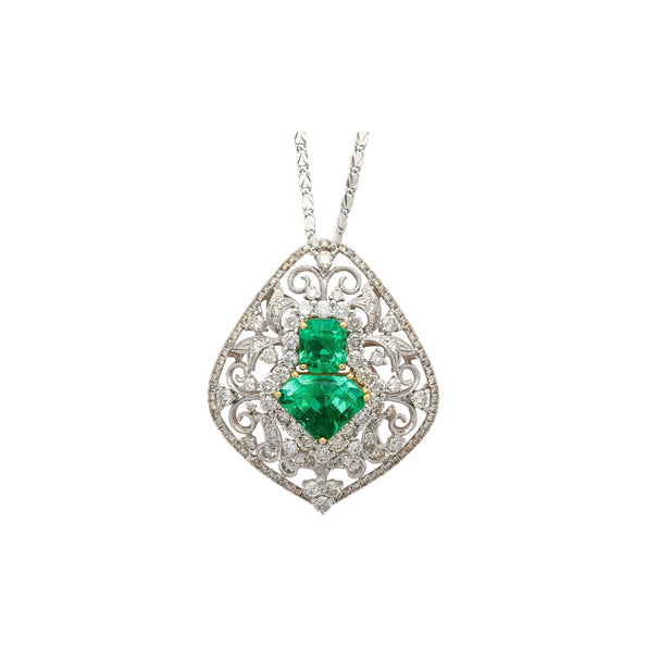 Vintage Art Nouveau Style Carved 18K White Gold Pendant Necklace With Shield Cut Emerald and Diamond Side Stones