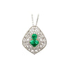 Vintage Art Nouveau Style Carved 18K White Gold Pendant Necklace With Shield Cut Emerald and Diamond Side Stones