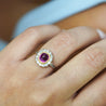 Vintage Cabochon Pinkish Purple Sapphire & Old Euro Diamond Floral Halo Ring