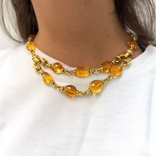 Vintage Citrine Bead 18K Gold Two Strand Necklace