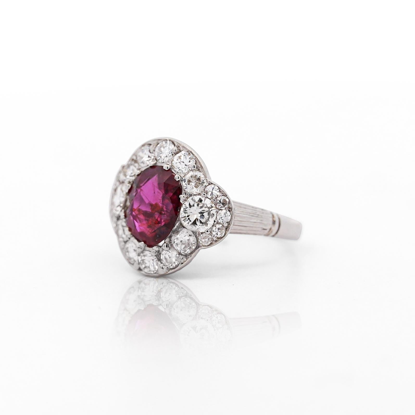 Vintage GIA Cert. 2.3 Carat No Heat Burma Ruby & Diamond in Platinum Ring
