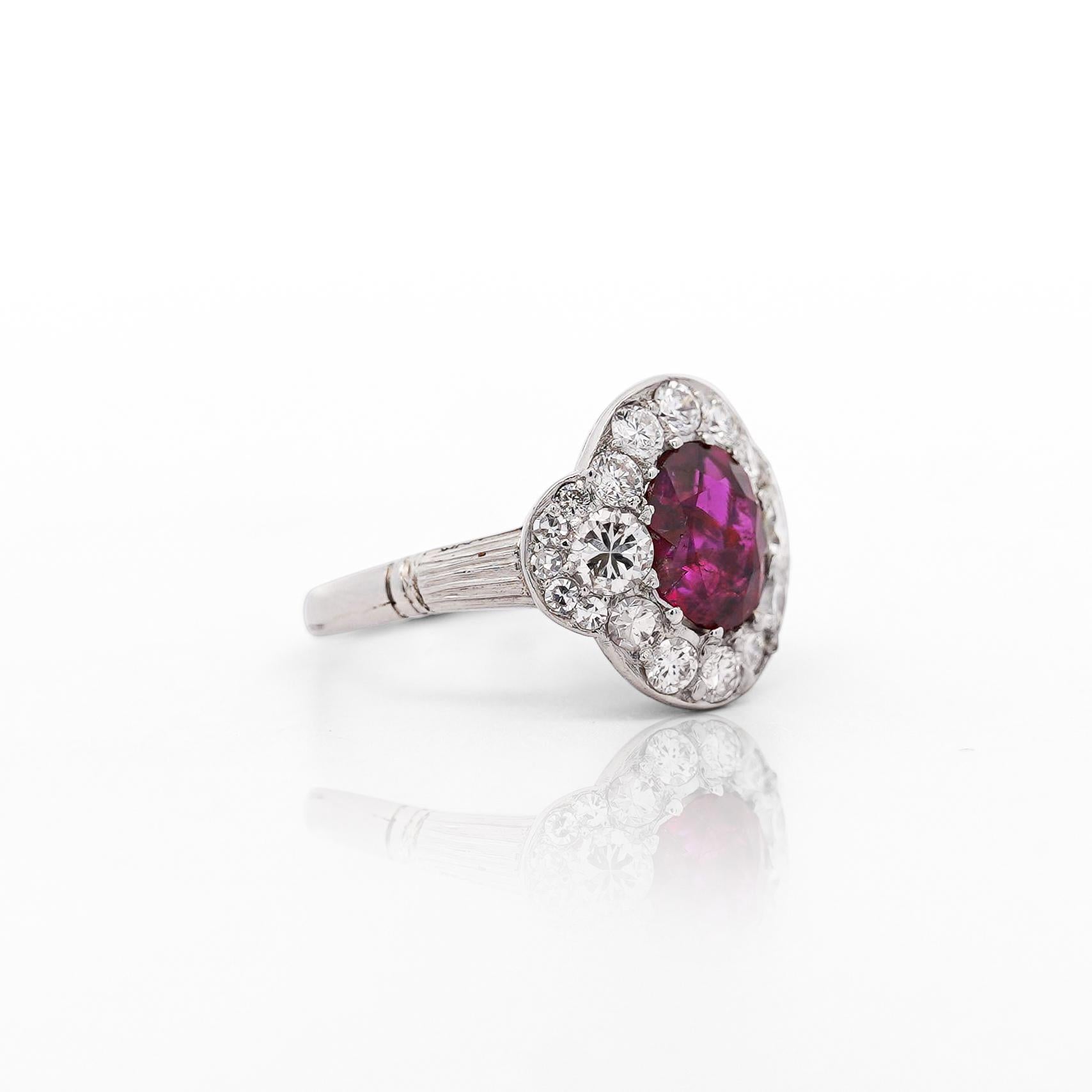 Vintage GIA Cert. 2.3 Carat No Heat Burma Ruby & Diamond in Platinum Ring