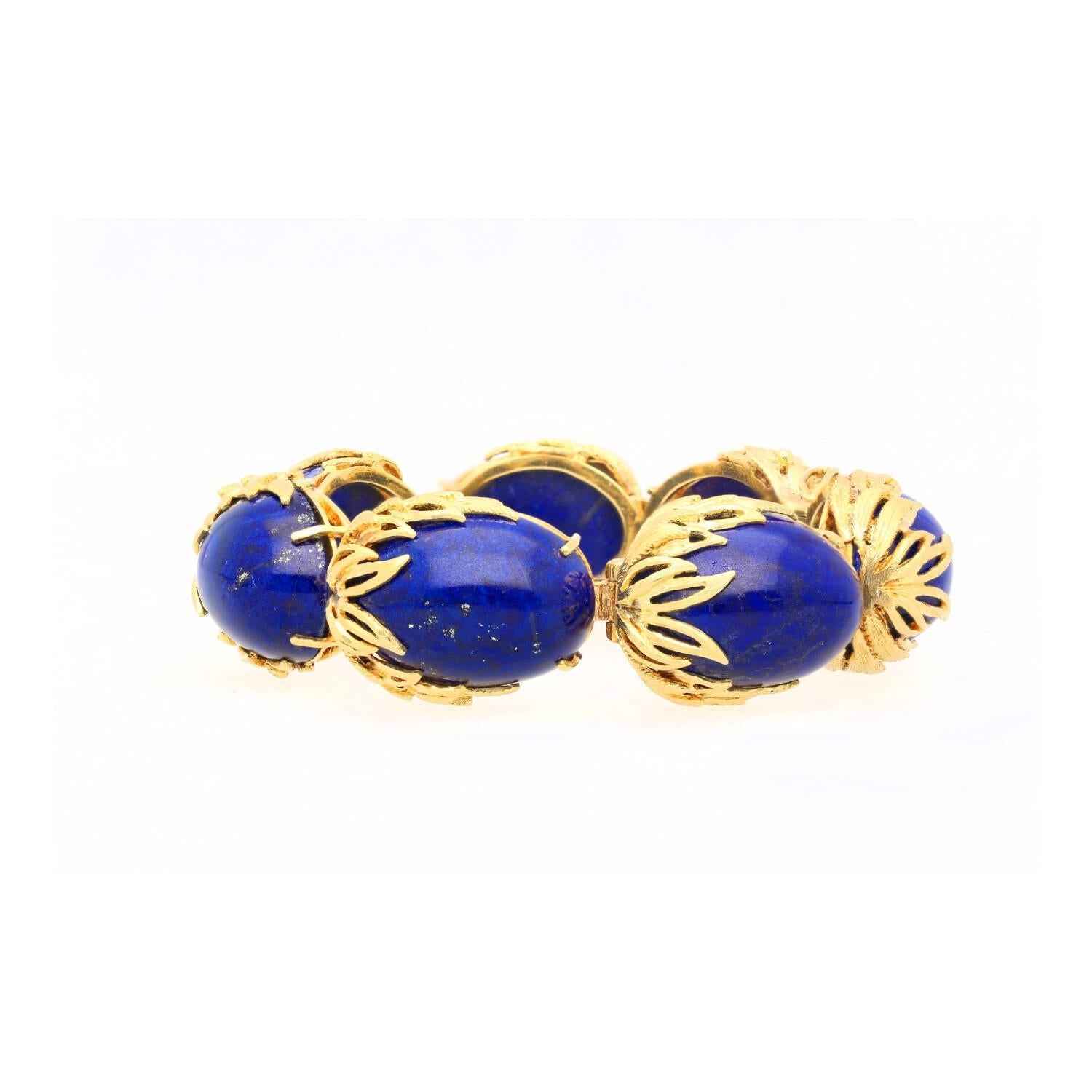 Vintage Retro Era 2.50 CTTW Blue Lapis Lazuli Bracelet in Floral 18K Yellow Gold