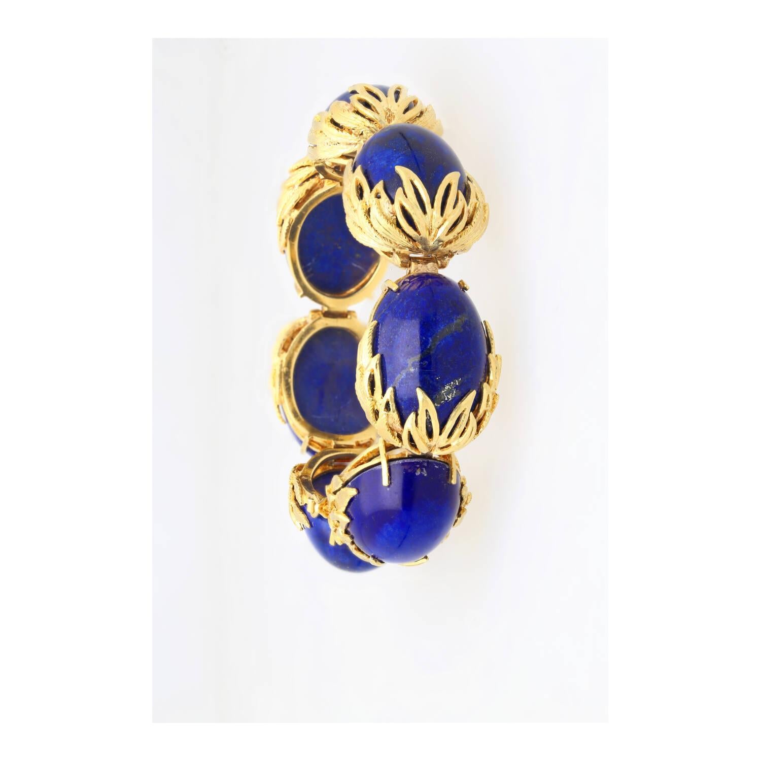 Vintage Retro Era 2.50 CTTW Blue Lapis Lazuli Bracelet in Floral 18K Yellow Gold