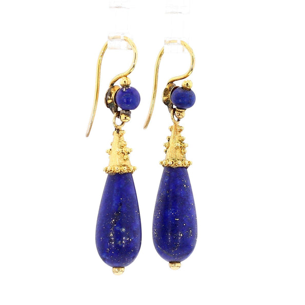 Vintage Retro Lapis Lazuli 18K Gold Drop Earrings