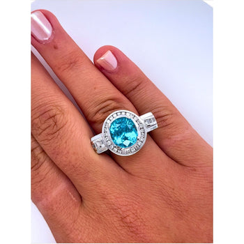 Vintage Retro Style 8 Carat Oval Cut Blue Zircon with Diamond Halo in Platinum & 18K Gold Filigree Set Ring – Assay Jewelers