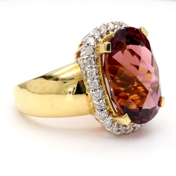 18.75 Carat Cushion Cut Pink Tourmaline & Diamond Halo Set 18K Yellow Gold Ring – Assay Jewelers