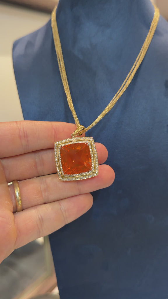 GIA Certified 20.61 Carat Orange Opal 18K Gold Diamond Pendant Necklace
