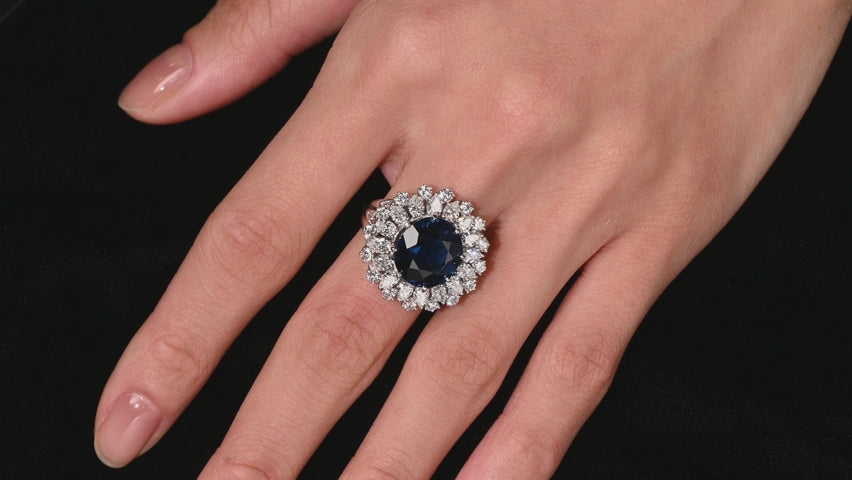 Certified 7.15 Carat Vivid Blue Sapphire & Diamond Sunburst Vintage French Ring