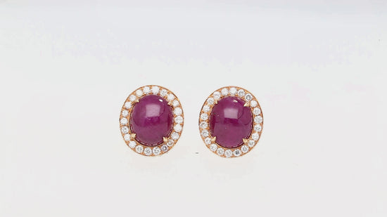 57.95 Carat Cabochon Cut Deep Pink Ruby & Diamond Halo Earrings & Necklace Set