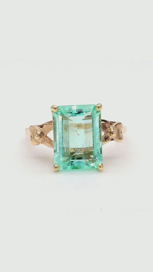 Vintage 3.58 Carat Pastel Green Colombian Emerald 14K Gold Solitaire Scroll Ring