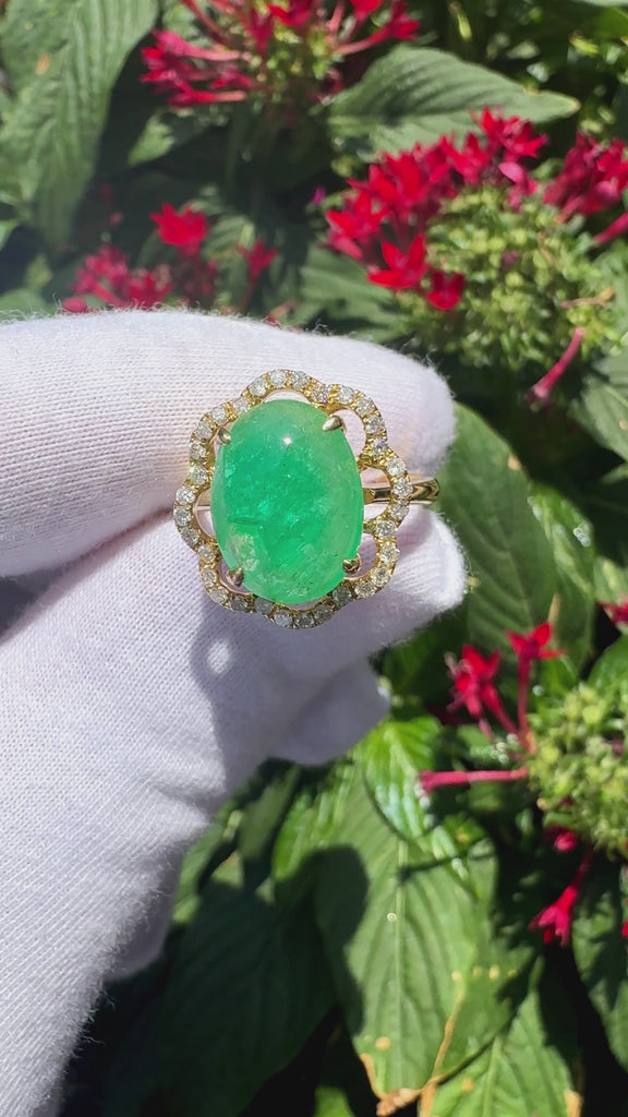 3.6 Carat Cabochon Emerald and Diamond Flower Halo 18K Gold Ring