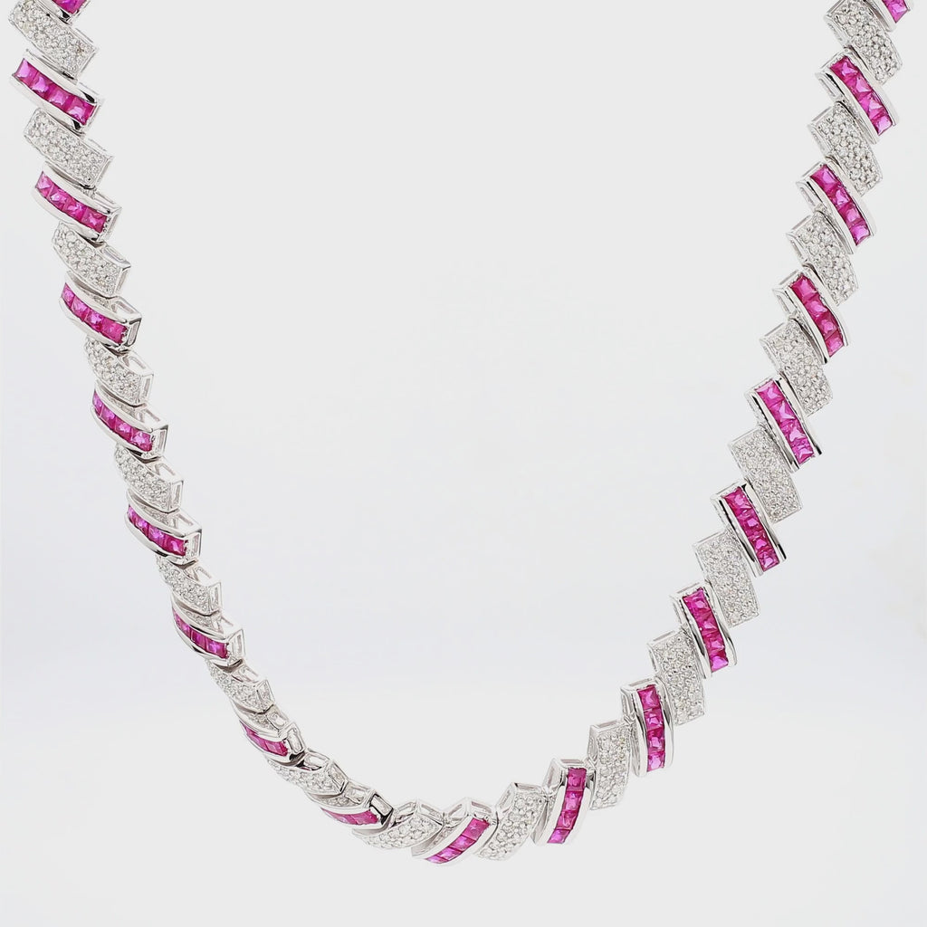 16.25 Carat Ruby & Diamond 18K White Cascade Link Necklace