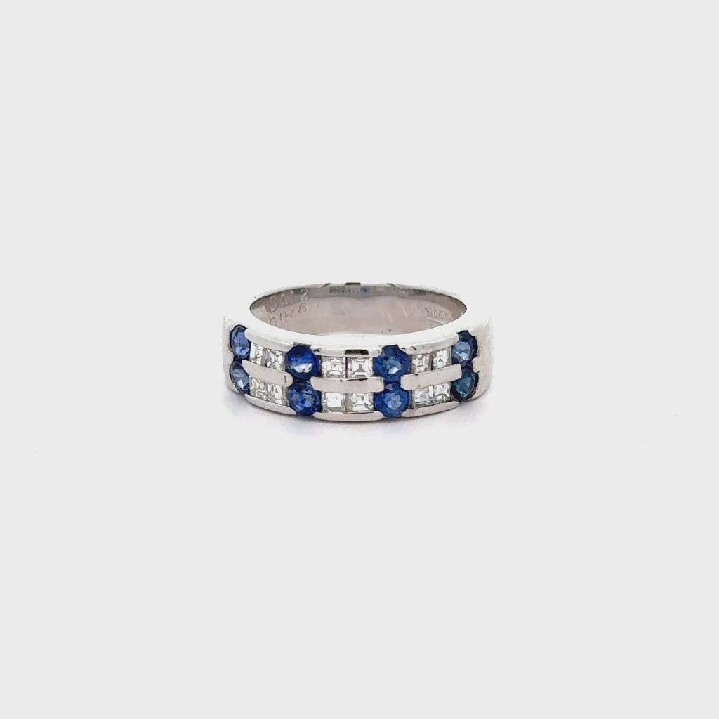 1.58 Carat Blue Round Sapphire & Baguette Diamond Platinum 6MM Band Ring