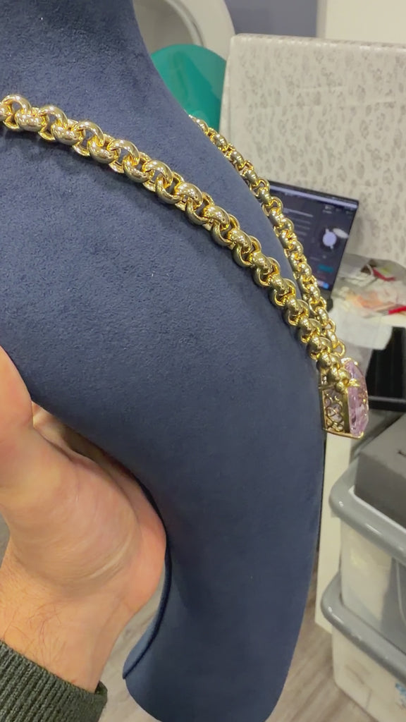 106.63 Carat Pink Amethyst Cushion 18K Gold Solitaire Chain Necklace