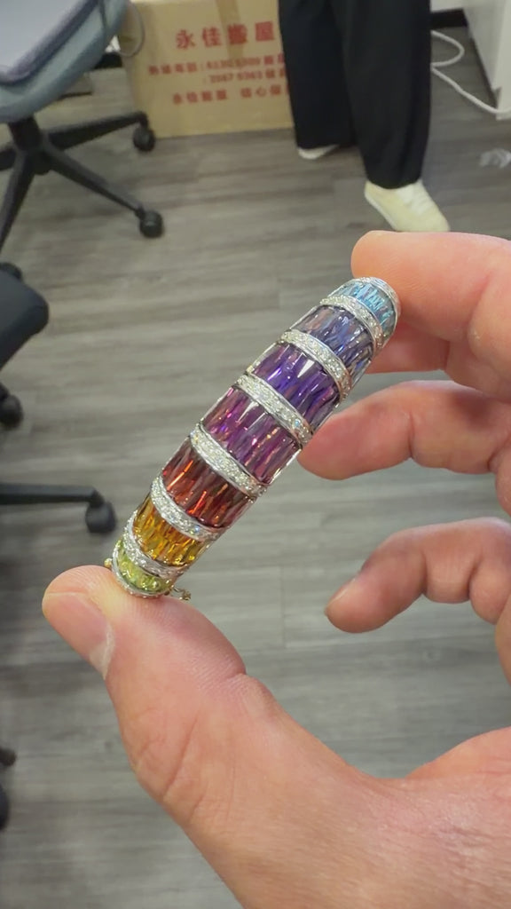 Rainbow Multi-Color Gemstone Baguette 18K Gold Band Bangle Bracelet