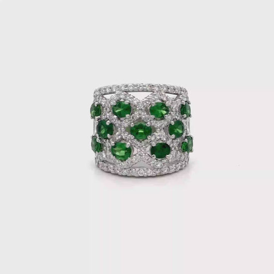3.25 Carat Tsavorite Garnet & Diamond Platinum Wavy Wide Band Ring