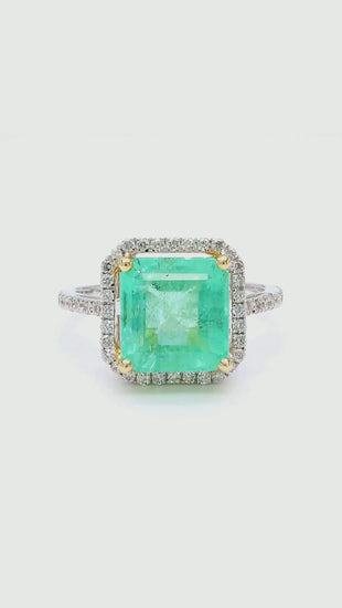3.90 Carat Emerald & Diamond Halo Pavé Shank 18K White Gold Ring