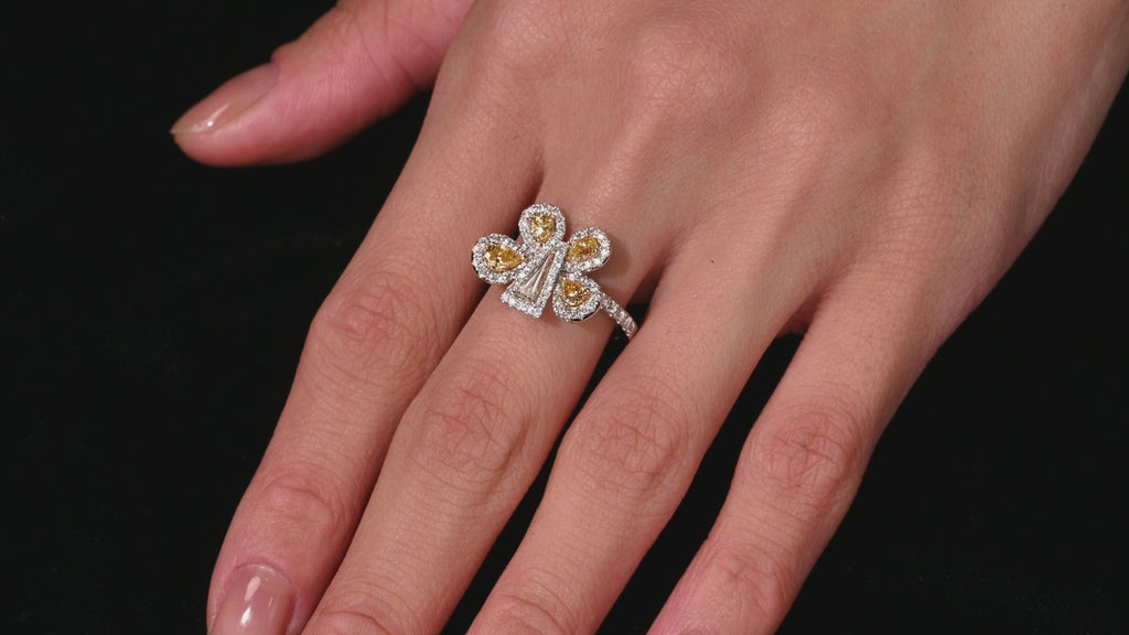 Fancy Yellow & White Diamond Pave in 18K Two Tone Gold Butterfly Cocktail Ring