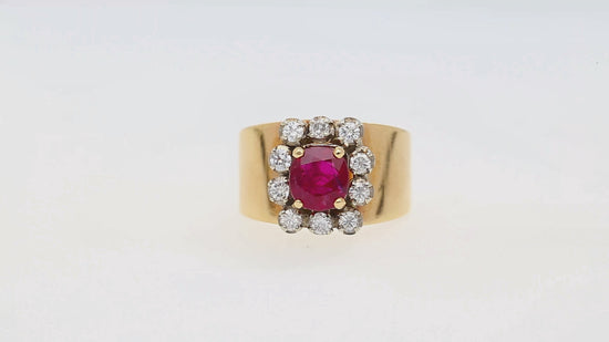 Vintage 1.54 Carat Cushion Cut Ruby in 14K Yellow Gold Wide Band