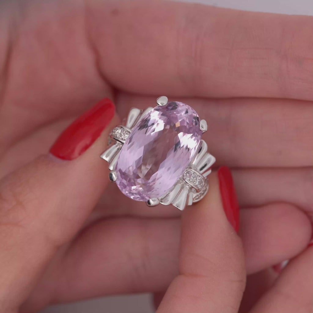 20.96 Oval Light Pink Kunzite and Diamond in Platinum Filigree Cocktail Ring