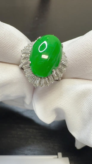 7.50 Carat Untreated Oval Green Jadeite with Baguette Diamonds in Platinum Ring