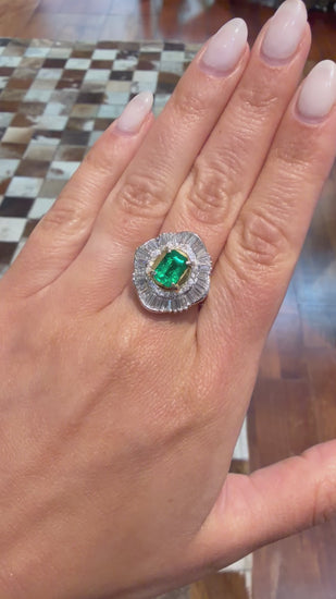 GIA 1.38 Carat Emerald Cut Colombian Emerald & Diamond Platinum Ballerina Ring