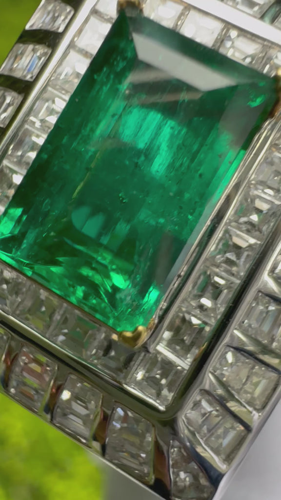 5.17 Carat Colombian Emerald & Baguette Diamond Rectangle Art Deco Frame Ring