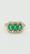 1.22 Carat Emerald & Diamond 18K Gold Halo Three Stone Band Ring